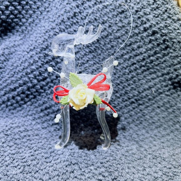 Handblown Clear Glass Rose Rudolph Reindeer Christmas Ornament 3.5x2in - Picture 10 of 10